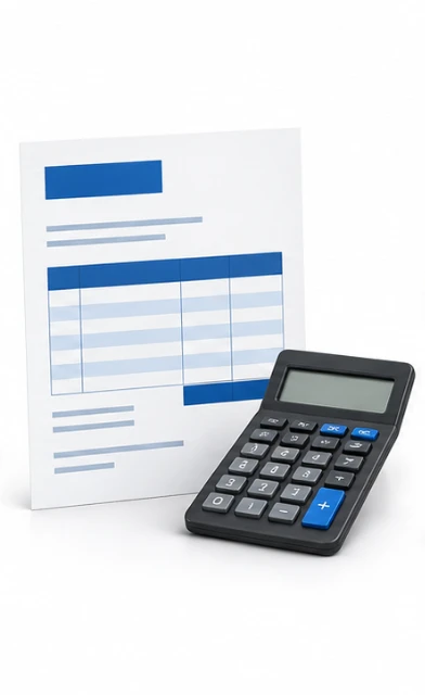 Documento de cotización con tabla azul junto a una calculadora