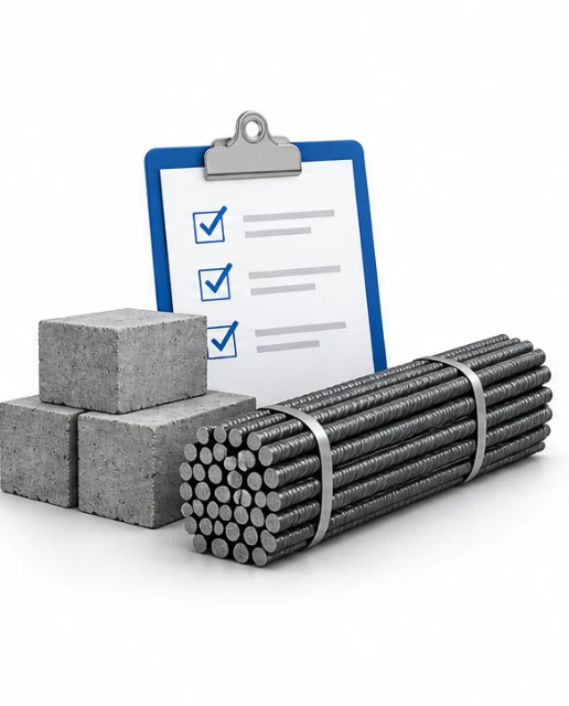 Clipboard con lista de verificación, block de concreto y bulto de varilla corrugada