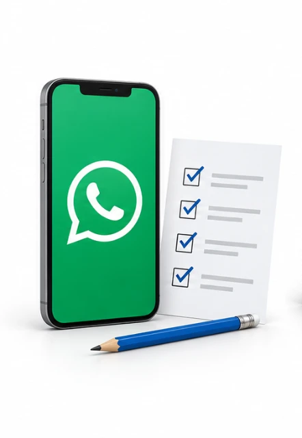Celular con WhatsApp, lista de materiales con palomitas y lápiz azul